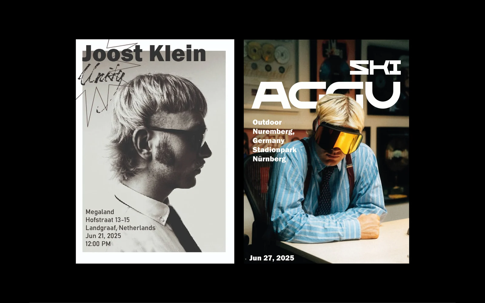 Два постера: чёрно-белая афиша концерта Joost Klein и цветной постер ACCU SKI